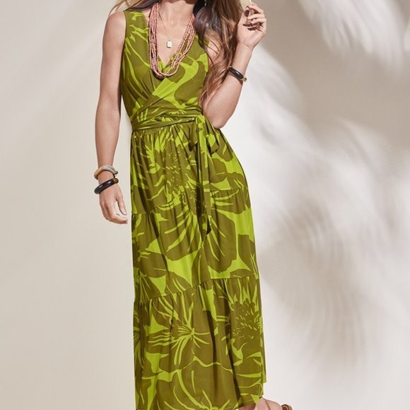 CAbi 5953 Tie Front Dress V-Neck Sleeveless Green Palm Tropical Floral Sz Large - Picture 3 of 17